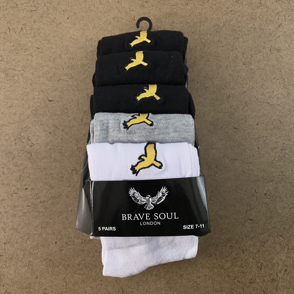 Brave Soul Men's Shoe Size 7-11 Black White Gray 5 Pack Crew Socks NWT